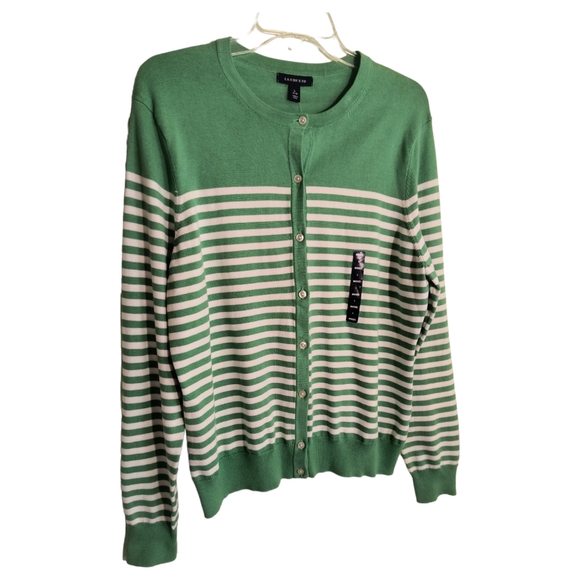 Lands" End NWT Green White striped button down knit cardigan Womens size L - Picture 5 of 14